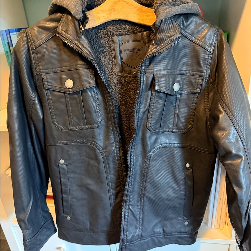 Urban Republic Dark Gray Leather Jacket with Hood
